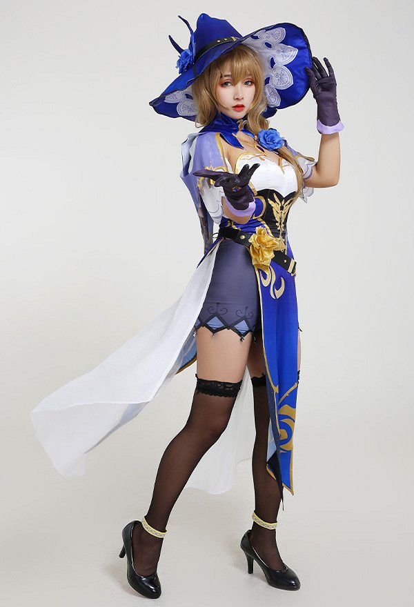 Genshin Impact Lisa Sexy Blue and White Chest Open Cheongsam Dress Full Set Cosplay Costume with Witch Hat and Stockings