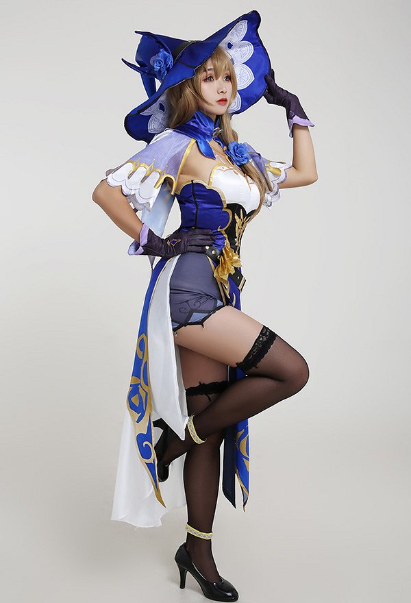 Genshin Impact Lisa Sexy Blue and White Chest Open Cheongsam Dress Full Set Cosplay Costume with Witch Hat and Stockings