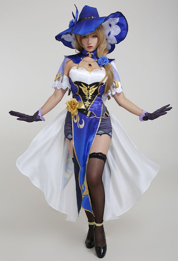 Genshin Impact Lisa Sexy Blue and White Chest Open Cheongsam Dress Full Set Cosplay Costume with Witch Hat and Stockings