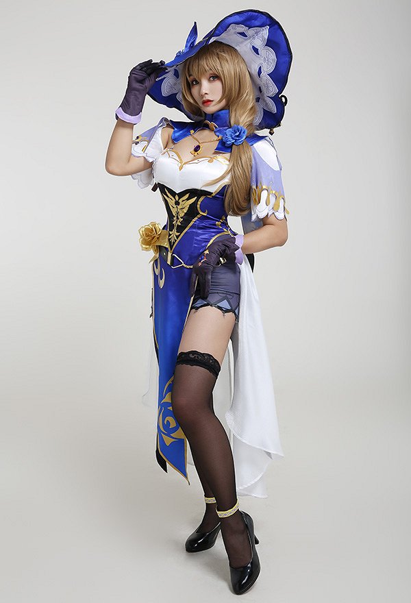 Genshin Impact Lisa Sexy Blue and White Chest Open Cheongsam Dress Full Set Cosplay Costume with Witch Hat and Stockings
