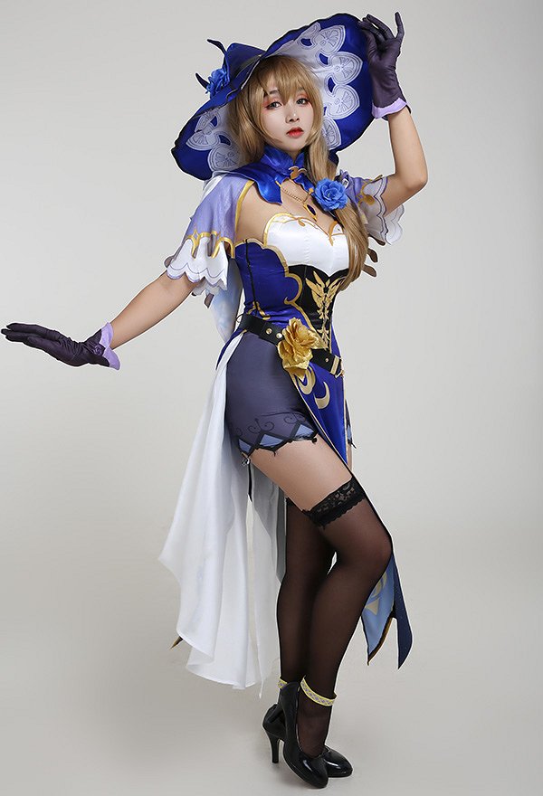 Genshin Impact Lisa Sexy Blue and White Chest Open Cheongsam Dress Full Set Cosplay Costume with Witch Hat and Stockings