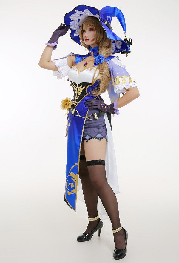 Genshin Impact Lisa Sexy Blue and White Chest Open Cheongsam Dress Full Set Cosplay Costume with Witch Hat and Stockings