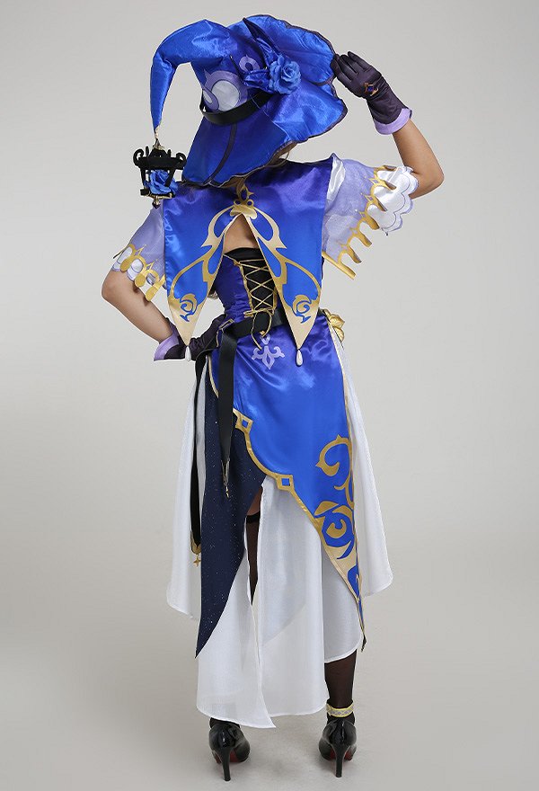 Genshin Impact Lisa Sexy Blue and White Chest Open Cheongsam Dress Full Set Cosplay Costume with Witch Hat and Stockings