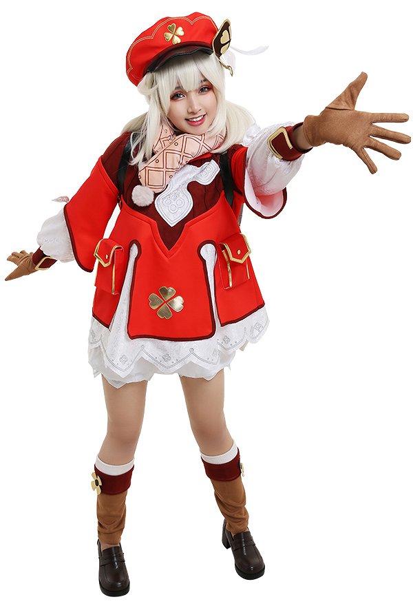 Genshin Impact Klee Explosives Expert Four Leaf Clover Red Hoodie Dress Pom-pom Fullset Cosplay Costume Red Newsboy Cap and Shoes Covers