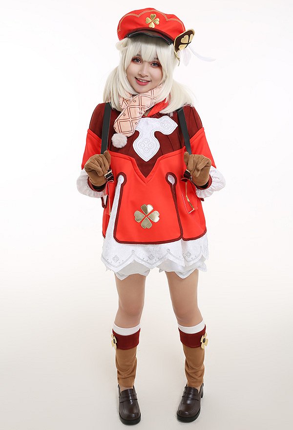 Genshin Impact Klee Explosives Expert Four Leaf Clover Red Hoodie Dress Pom-pom Fullset Cosplay Costume Red Newsboy Cap and Shoes Covers