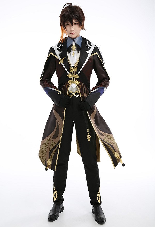 Genshin Impact Zhongli Patrón Impreso Jelwery Decorado Uniforme Conjunto Cosplay de Traje con Guantes de Corbata