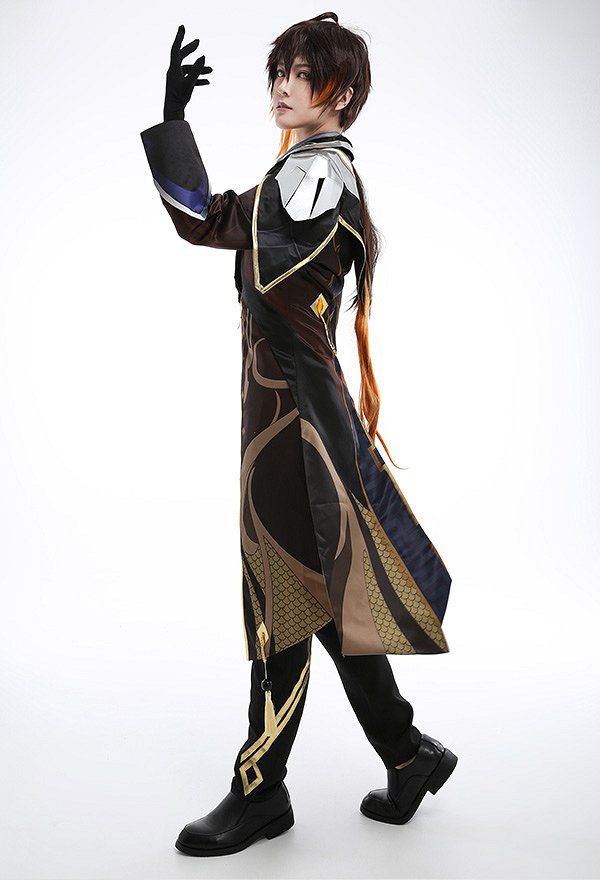 Genshin Impact Zhongli Patrón Impreso Jelwery Decorado Uniforme Conjunto Cosplay de Traje con Guantes de Corbata