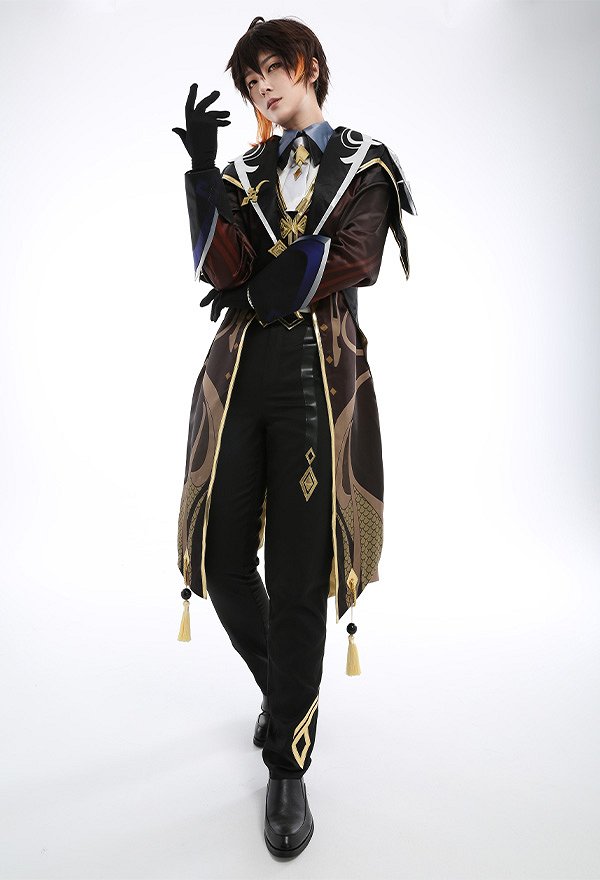 Genshin Impact Zhongli Patrón Impreso Jelwery Decorado Uniforme Conjunto Cosplay de Traje con Guantes de Corbata