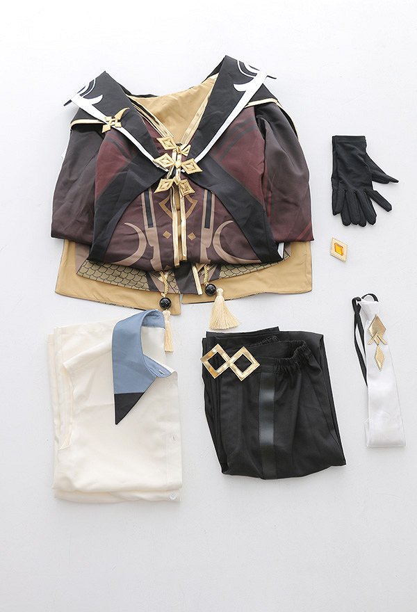 Genshin Impact Zhongli Patrón Impreso Jelwery Decorado Uniforme Conjunto Cosplay de Traje con Guantes de Corbata