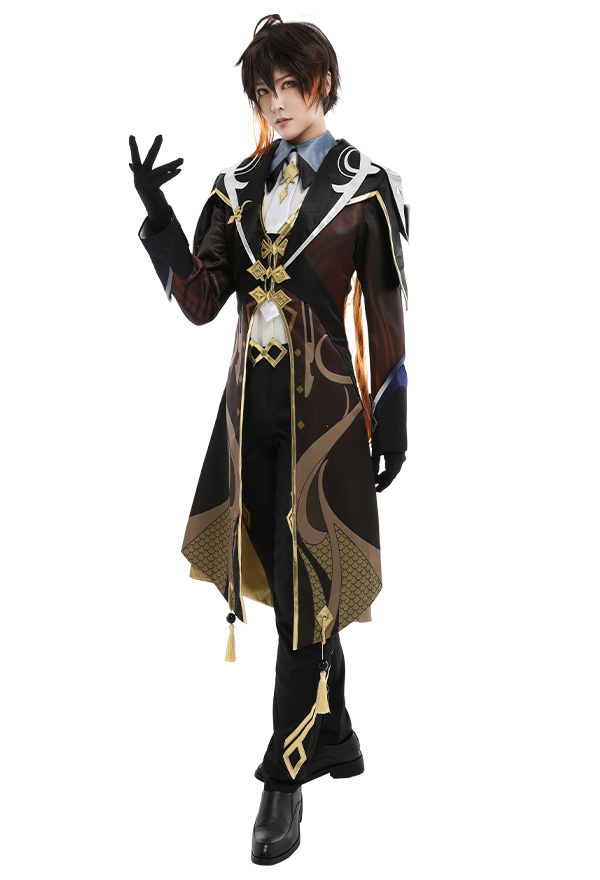 Genshin Impact Zhongli Patrón Impreso Jelwery Decorado Uniforme Conjunto Cosplay de Traje con Guantes de Corbata