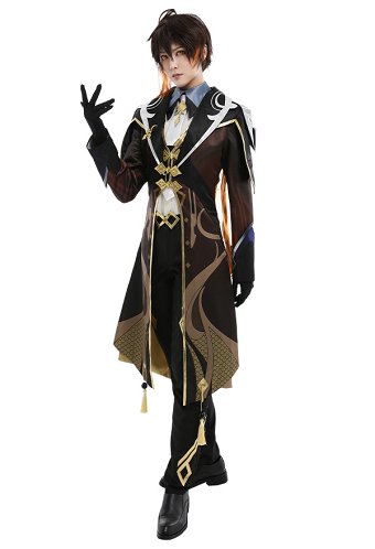 Genshin Impact Zhongli Patrón Impreso Jelwery Decorado Uniforme Conjunto Cosplay de Traje con Guantes de Corbata