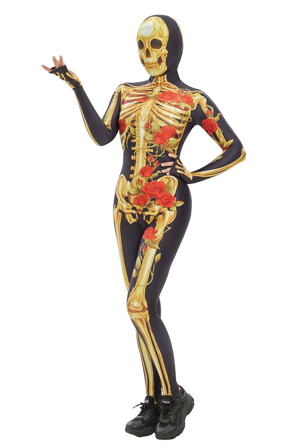 Halloween Cosplay con estampado de calaveras dorado Traje gótico de calaveras rosa con tocado Halloween Cosplay con estampado de calaveras dorado Traje gótico de calaveras rosa con tocado
