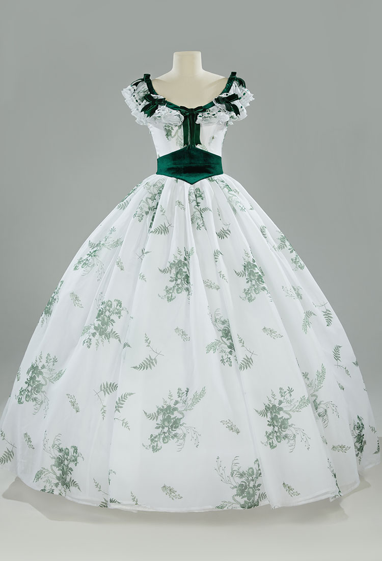 Conjunto de vestido de fiesta estilo rococó vintage con estampado de hojas verdes y flores escarlatas