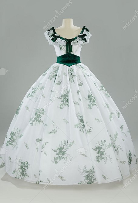 Conjunto de vestido de fiesta estilo rococó vintage con estampado de hojas verdes y flores escarlatas