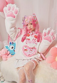 Sweet Flavor Cartoon Graphic Cat Furry Pullover Hoodie Cute Style Pink Strawberry Milk Hoodie with Plush Cat Paw Gloves