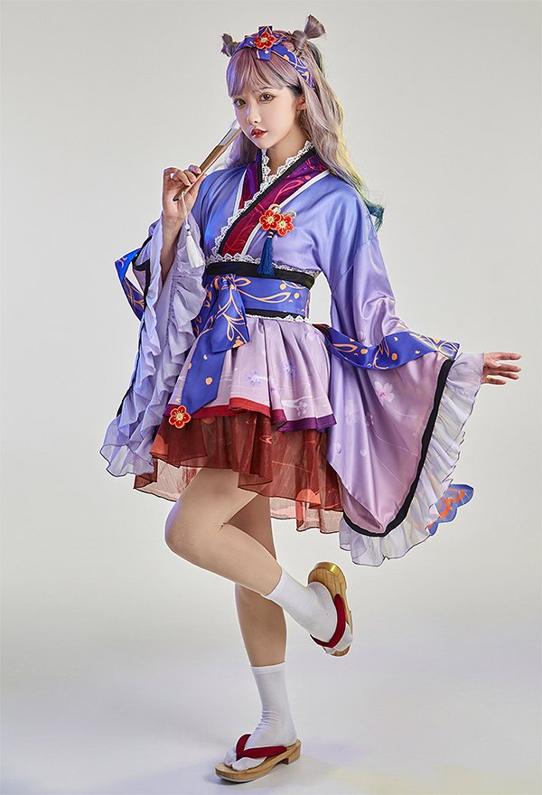 Vestido de Albornoz Corto con Patrón de Flores Degradado con Volantes de Kimono Yukata Japonés con Obi y Diadema