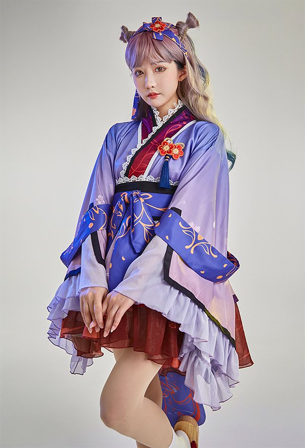 Vestido de Albornoz Corto con Patrón de Flores Degradado con Volantes de Kimono Yukata Japonés con Obi y Diadema