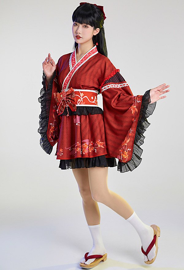 Women Kimono Style Short Dress V Neck Ruffle Goldfish Pattern Kimono Dress