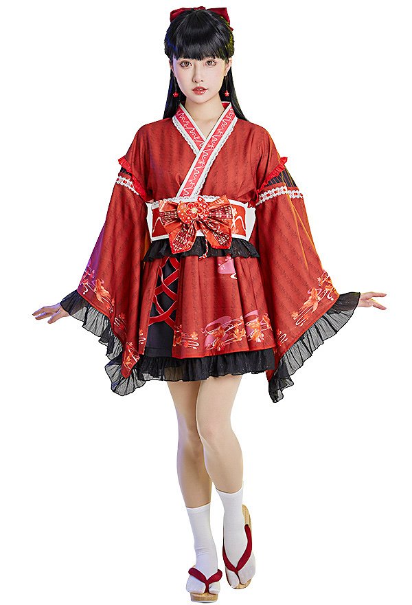Women Kimono Style Short Dress V Neck Ruffle Goldfish Pattern Kimono Dress