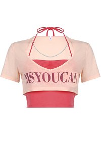 Harajuku Style Y2K Fashion Cutout Halter Top and Short Sleeves Chain Decorated Crop Top Two Piece Set