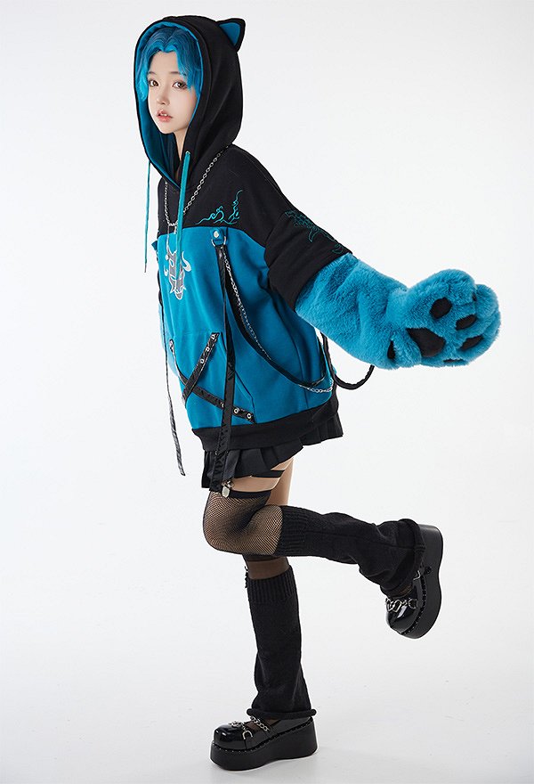 Sudadera con Capucha Xiao Derivative con Diseño de Bolsa Desmontable Guantes de Pata Peluda  Genshin Impact Kawaii Cat Style Ear