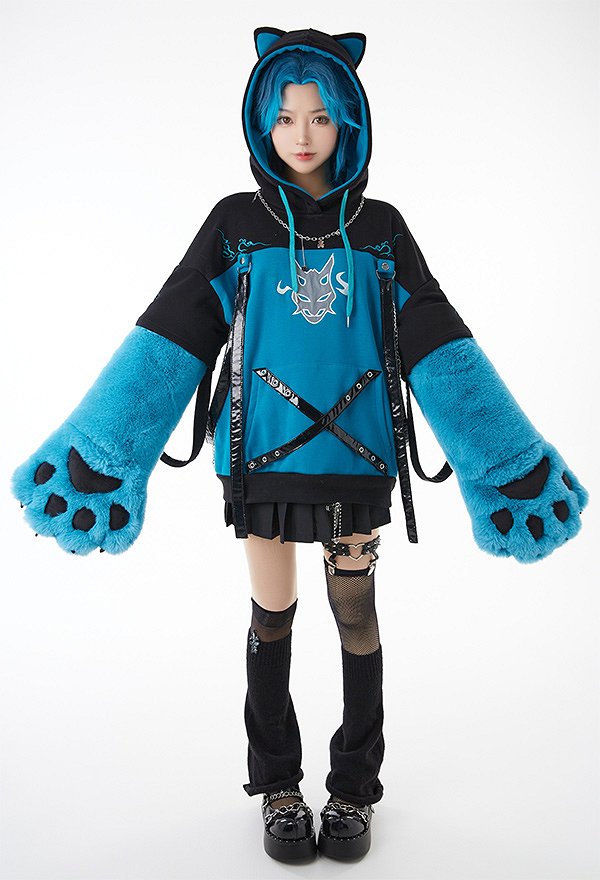 Sudadera con Capucha Xiao Derivative con Diseño de Bolsa Desmontable Guantes de Pata Peluda  Genshin Impact Kawaii Cat Style Ear