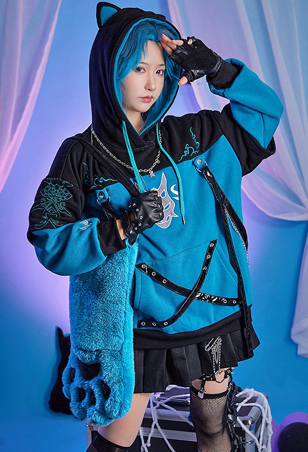 Sudadera con Capucha Xiao Derivative con Diseño de Bolsa Desmontable Guantes de Pata Peluda  Genshin Impact Kawaii Cat Style Ear