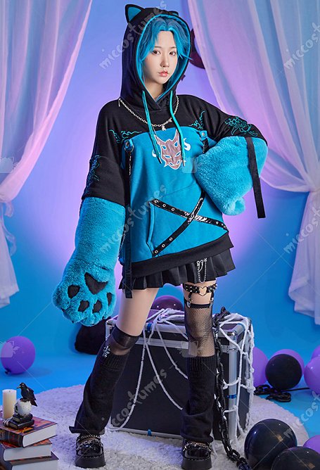 Sudadera con Capucha Xiao Derivative con Diseño de Bolsa Desmontable Guantes de Pata Peluda  Genshin Impact Kawaii Cat Style Ear