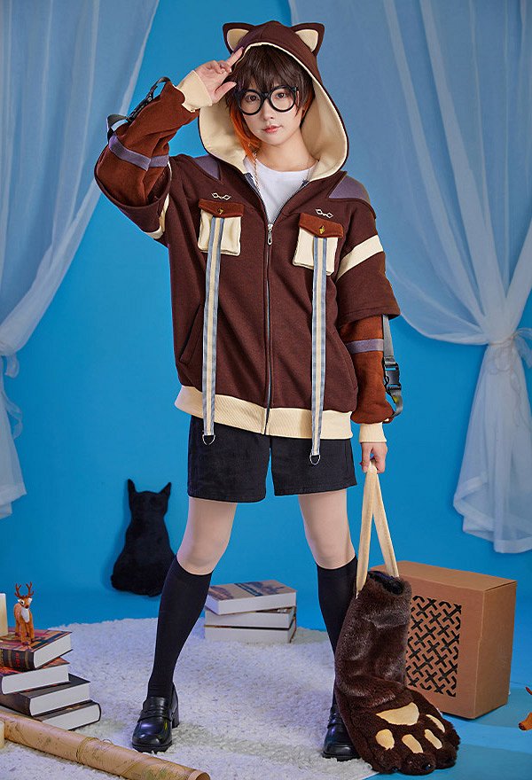 Genshin Impact Zhongli Sudadera con Capucha Derivative con Diseño de Bolsa Desmontable Guantes de Pata Peluda con Oreja de Zorro