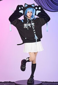 Damen Gothic Schwarz Katze Ohr Form Schnürung Sweatshirt mit Kapuze und Pelzigen Katze Pfote Tasche