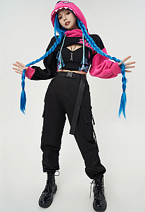 LOL Derivative Hoodie and Vest Set Shark Shape Hooded Loose Sleeve Crop Top and Clouds Pattern Vest and Necklace