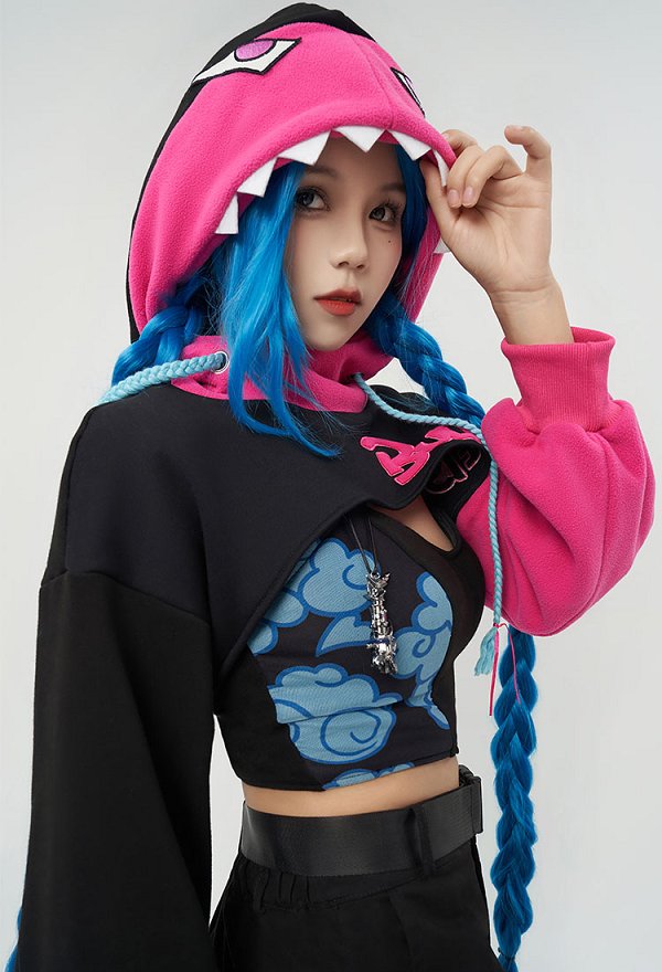 LOL Derivado Sudadera con Capucha y Chaleco Conjunto de Manga Suelta con Capucha en Forma de Tiburón Crop Top y Patrón de Nubes Chaleco y Collar