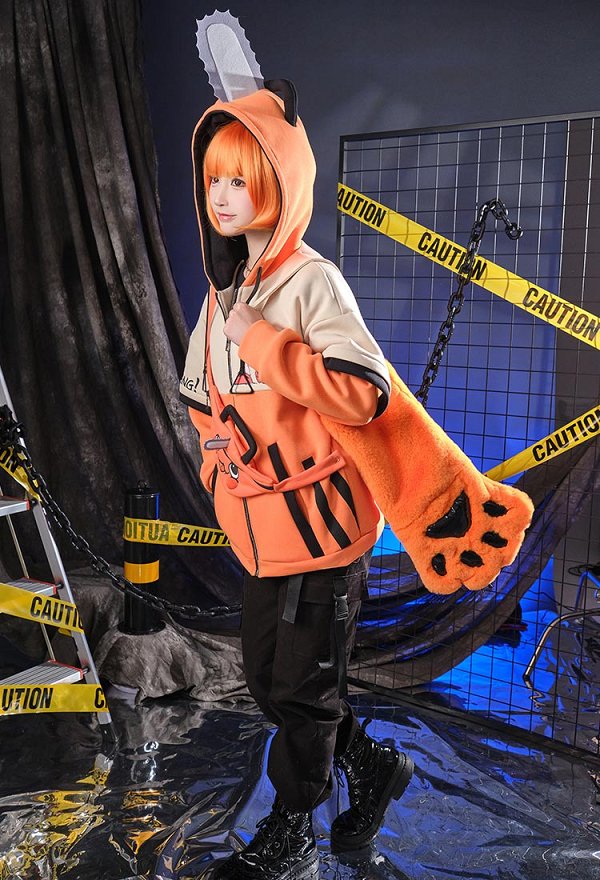 Chainsaw Derivative Pullover Hoodie mit Kapuze Kawaii Orange Katzenpfote Handschuhe Hoodie mit abnehmbarer Tasche