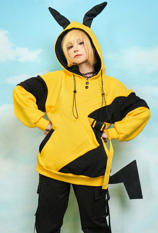 PM Derivative Pullover Hoodie with Detachable Bag Design Furry Paw Gloves Yellow Black Drawstrings Hooded Sweatshirt