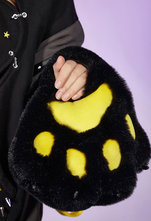 Hime Derivado Gótico Sudadera con capucha negra con diseño de bolso desmontable guantes de pata peluda y cola