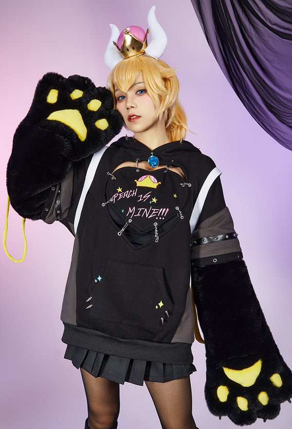 Hime Derivado Gótico Sudadera con capucha negra con diseño de bolso desmontable guantes de pata peluda y cola
