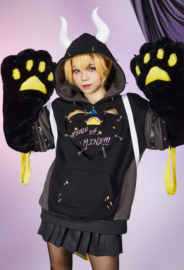 Hime Derivado Gótico Sudadera con capucha negra con diseño de bolso desmontable guantes de pata peluda y cola