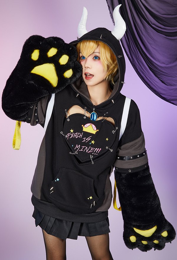 Hime Derivado Gótico Sudadera con capucha negra con diseño de bolso desmontable guantes de pata peluda y cola
