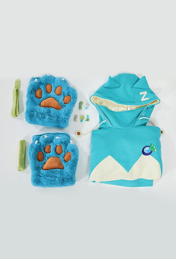 PM Derivative Pullover Hoodie with Detachable Bag Design Furry Paw Gloves Kawaii Blue White Hooded Sweatshirt