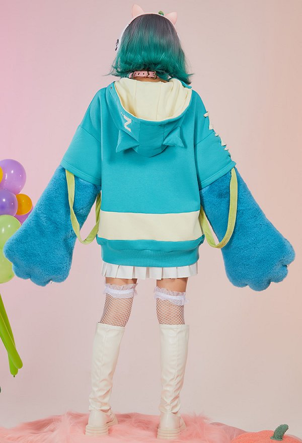 PM Derivative Pullover Hoodie with Detachable Bag Design Furry Paw Gloves Kawaii Blue White Hooded Sweatshirt