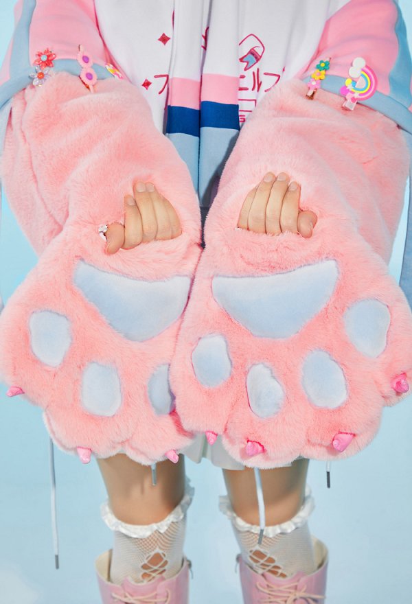 PM Derivado Sudadera con capucha Diseño de Bolsa Desmontable y Guantes de Pata de Gato Peludo