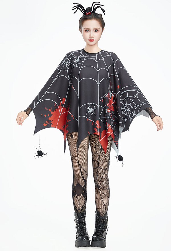 Capa Gótica de Halloween con Patrón de Telaraña Capa Irregular con Máscara y Pantimedias