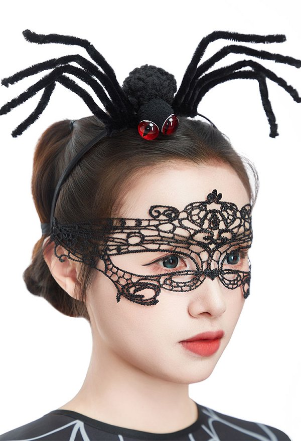 Capa Gótica de Halloween con Patrón de Telaraña Capa Irregular con Máscara y Pantimedias