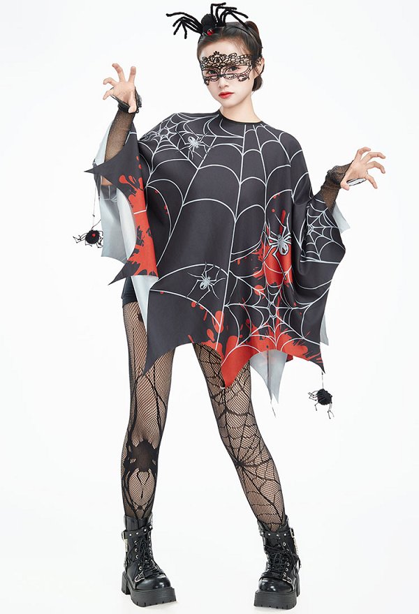 Capa Gótica de Halloween con Patrón de Telaraña Capa Irregular con Máscara y Pantimedias