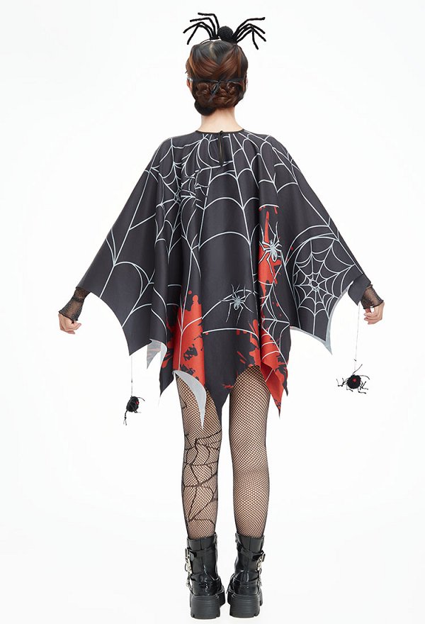 Capa Gótica de Halloween con Patrón de Telaraña Capa Irregular con Máscara y Pantimedias
