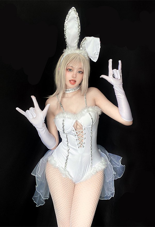 Halloween Bunny Girl Costume Sexy White Furry Bunny Suit Bodysuit Gloves Headband Halloween Bunny Girl Costume Sexy White Furry Bunny Suit Bodysuit Gloves Headband