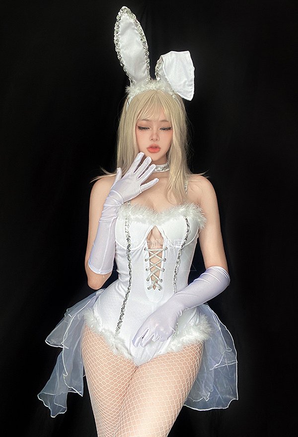 Halloween Bunny Girl Costume Sexy White Furry Bunny Suit Bodysuit Gloves Headband Halloween Bunny Girl Costume Sexy White Furry Bunny Suit Bodysuit Gloves Headband