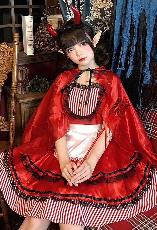 Women Halloween Maid Dress Costume Gothic Vampire Style Red Slip Dress and Long Cape