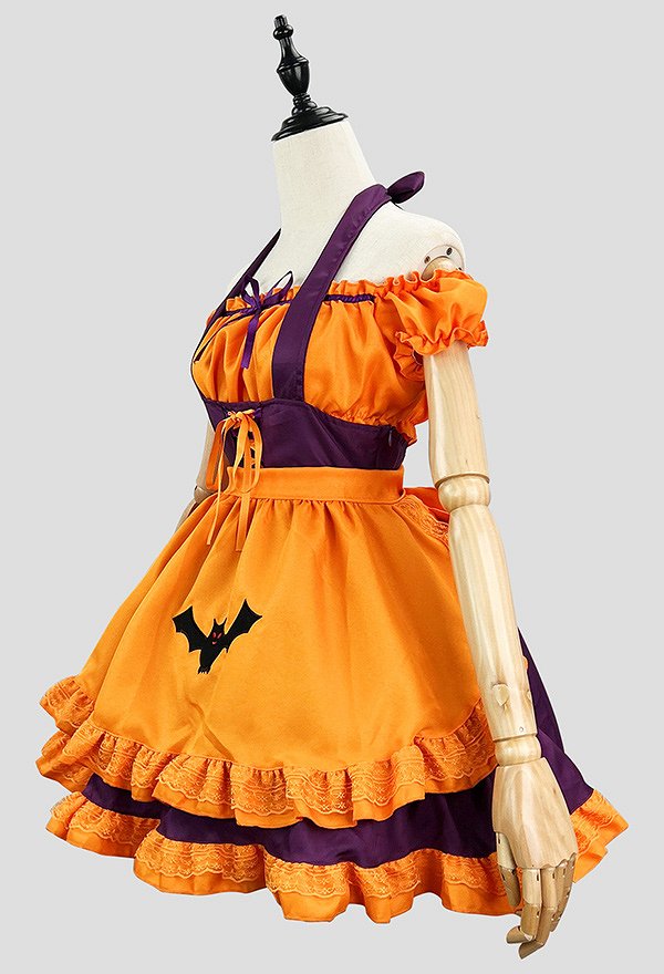 Women Halloween Maid Costume Gothic Embroidered Bat Style Top and Suspender Skirt with Apron and Headband