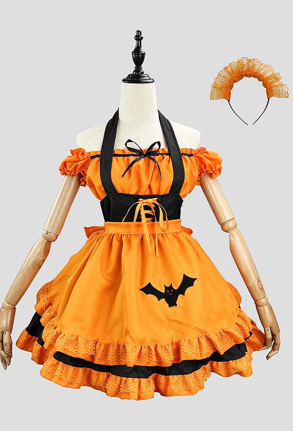 Women Halloween Maid Costume Gothic Embroidered Bat Style Top and Suspender Skirt with Apron and Headband
